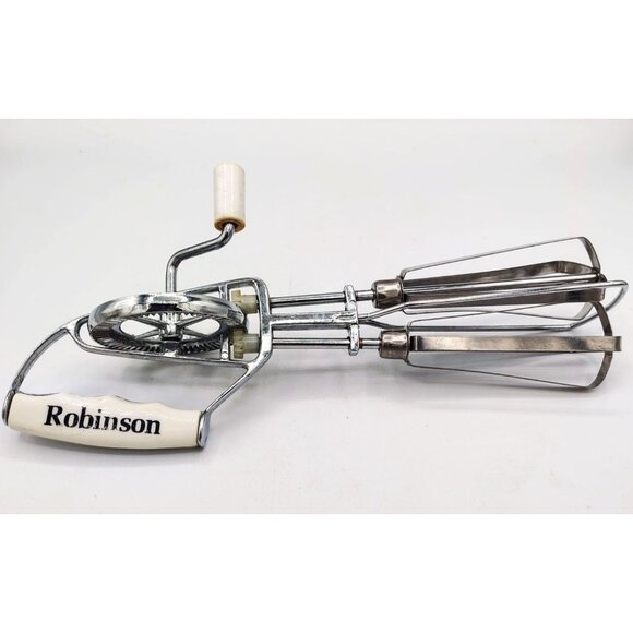 Robinson Hand Crank Egg Beater Vintage Manual Mixer Stainless Steel White Handle - Picture 6 of 14